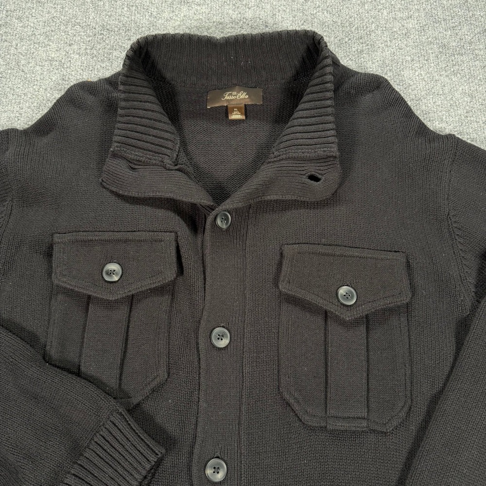 Tasso Elba Mens XL Black Button Front Cardigan Sweater Mock Neck Pockets #4148
